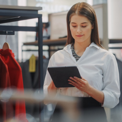 Jeune femme professionnelle utilisant une tablette pour ajuster la présentation des produits dans une boutique de mode