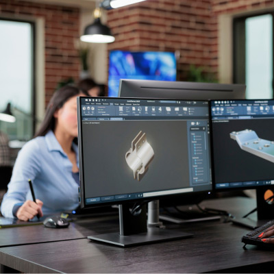 Professionnelle utilisant SketchUp sur deux moniteurs pour concevoir un modèle 3D dans un environnement de bureau moderne