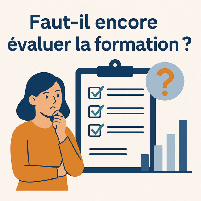 Illustration d’une femme en train de réfléchir devant une grille d’évaluation avec des cases cochées et un graphique, accompagnée du texte “Faut-il encore évaluer la formation ?” – visuel SG FORMATION.